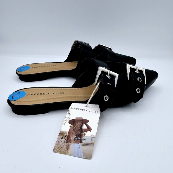 Sincerely Jules Black Buckle Pointed Toe Flats Mules NWT - Picture 5 of 10